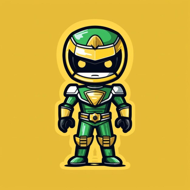 A cartoon green ninja warrior standing in front of a yellow background