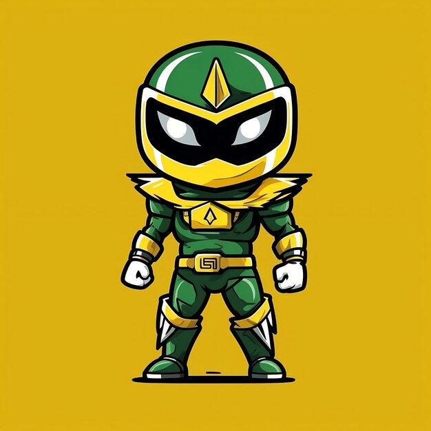 A cartoon green ninja warrior with a yellow background