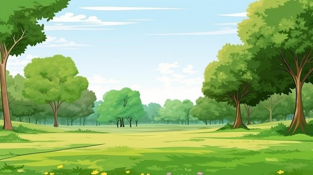 a cartoon green park with trees and flowers