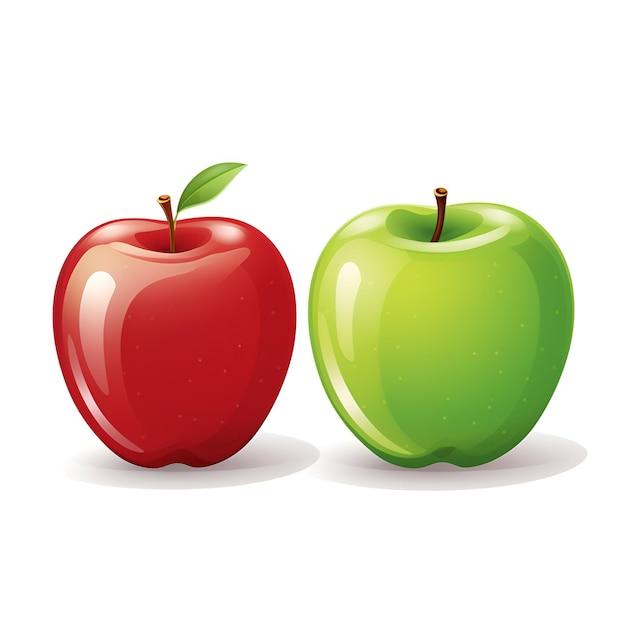 白い背景に分離された漫画の緑と赤のリンゴ
