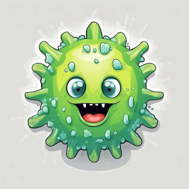 Photo cartoon green virus with big eyes and a big smile generative ai