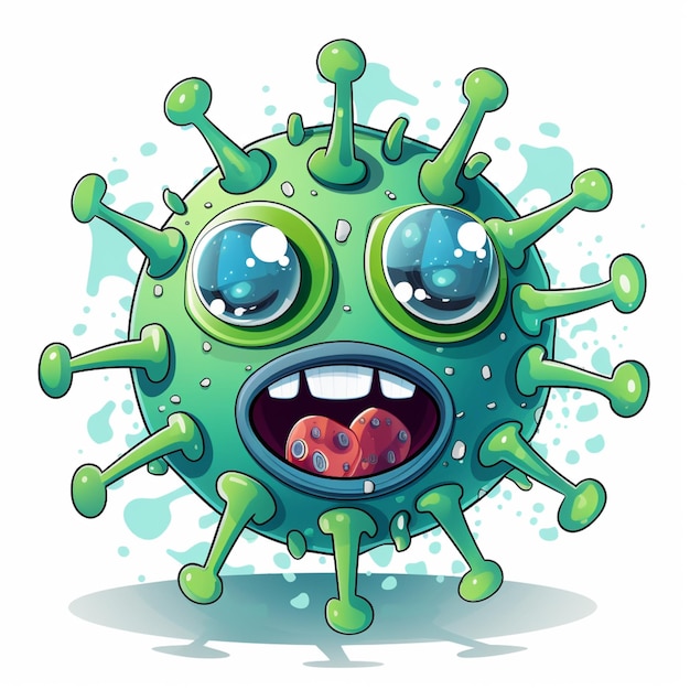 Photo cartoon green virus with big eyes and a surprised expression generative ai