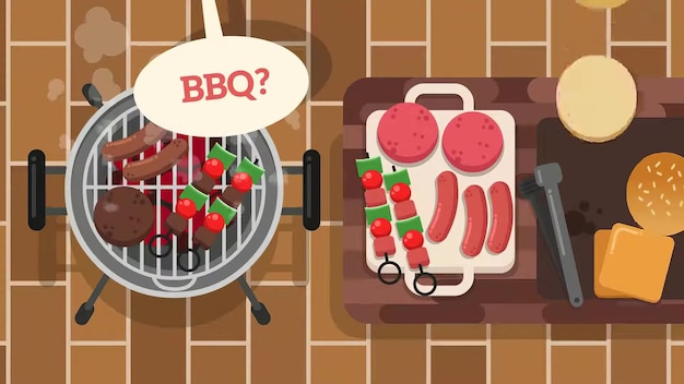 그릴과 그릴을 가진 그릴의 만화와 그릴에 bbq 트를 쓴 표지판이 있습니다.