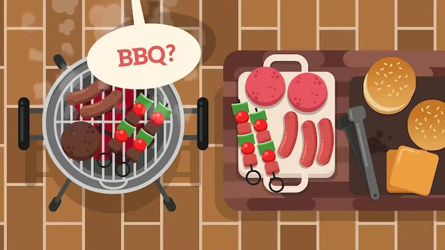 그린의 만화로 음식의 그림과 배경에서 요리하는 남자