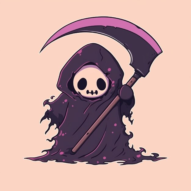 a cartoon grim doll with a scythe in a purple robe generative ai