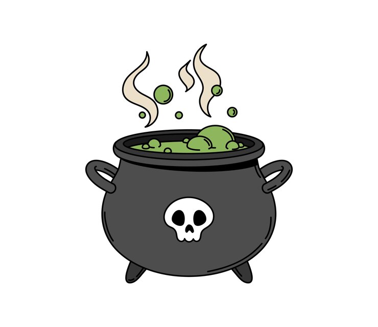 Photo cartoon groovy halloween witch cauldron symbol