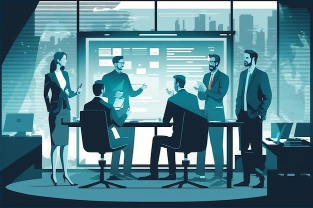 a cartoon of a group of business people in a meeting room.