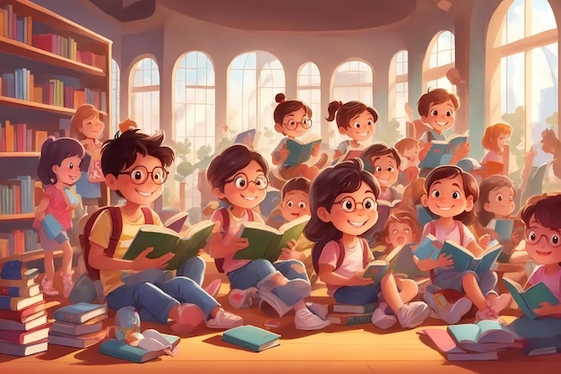 a cartoon of a group of children reading books.