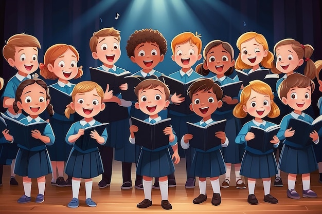 Foto gruppo di cartoni animati di bambini che cantano nel coro della scuola