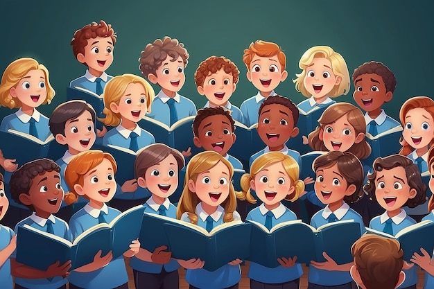 Photo cartoon group of children singing in the school choir