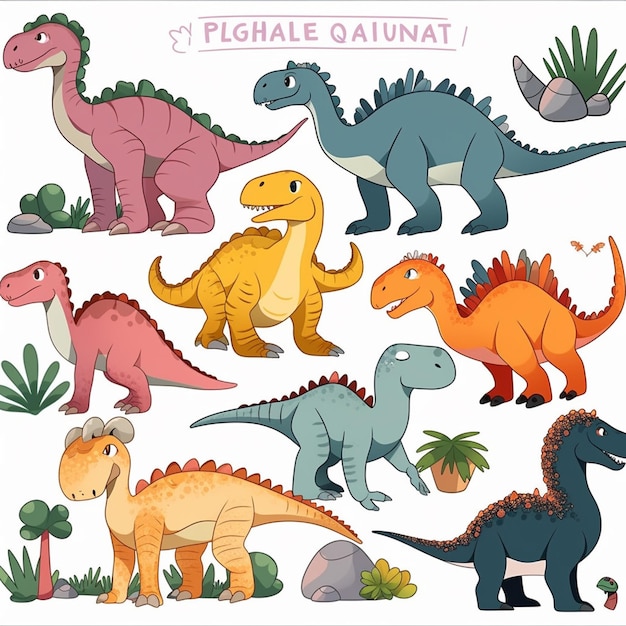 Photo a cartoon of a group of dinosaurs including a dinosaur.