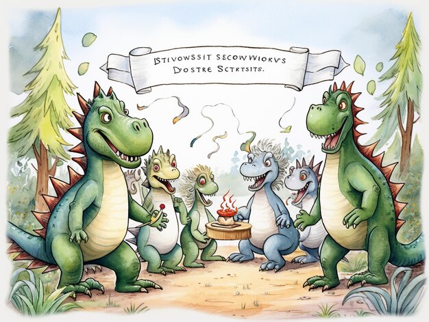 cartoon of a group of dinosaurs standing around a fire with a banner generative ai