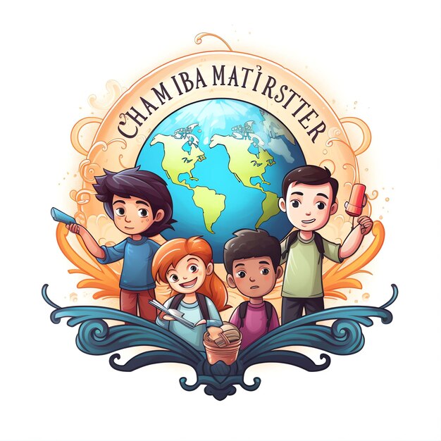 cartoon group of diverse children characters holding hands while standing on a globe