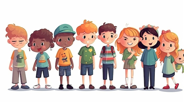 A cartoon of a group of kids in a line with one of them wearing a green shirt that says'the word love '