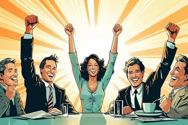 a cartoon of a group of people celebrating in front of a table with a cartoon of a man and a woman with arms raised in the air