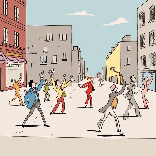 Cartoon of a group of people crossing a street in a city generative ai