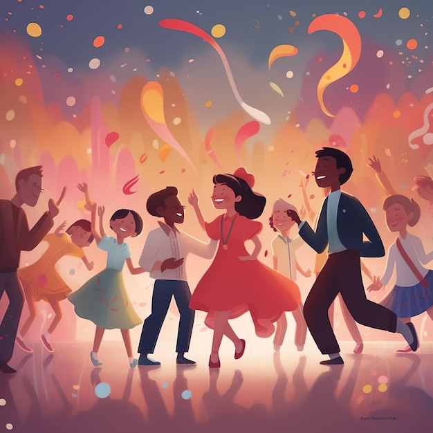 A cartoon of a group of people dancing and confetti.