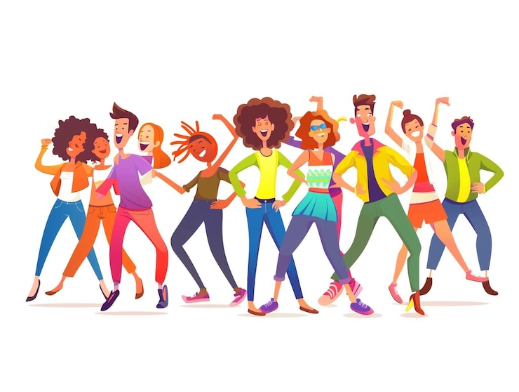 Photo cartoon group of people dancing in a flash mob pure white background