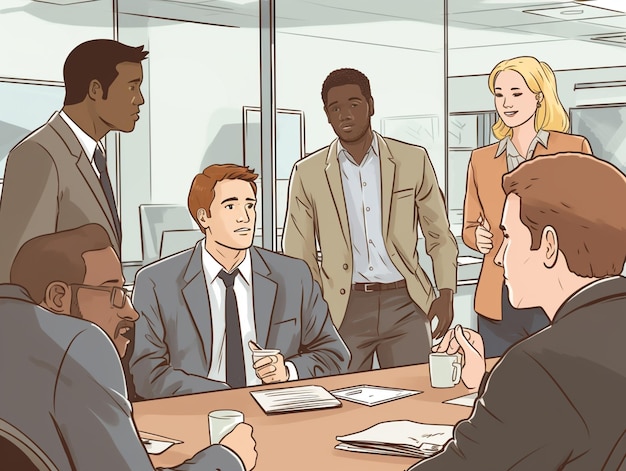 A cartoon of a group of people in a meeting.