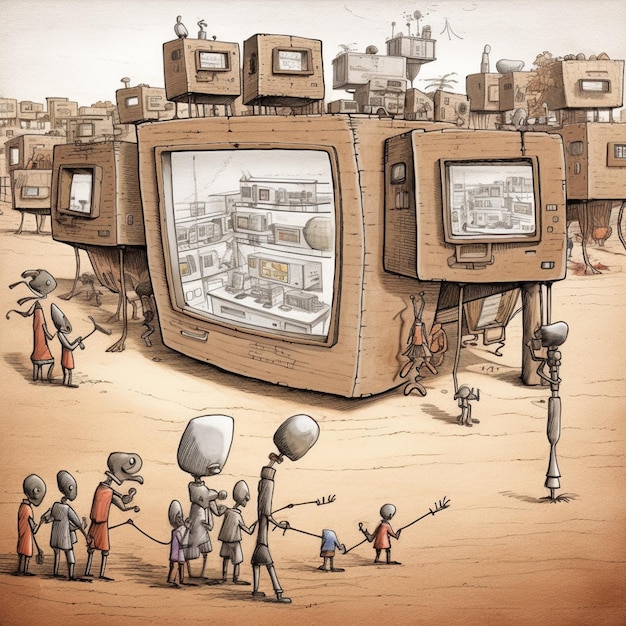 Cartoon of a group of people standing around a television set generative ai