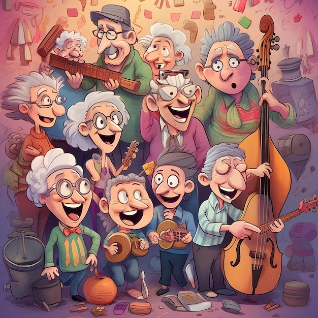 A cartoon of a group of people with a guitar and a guitar