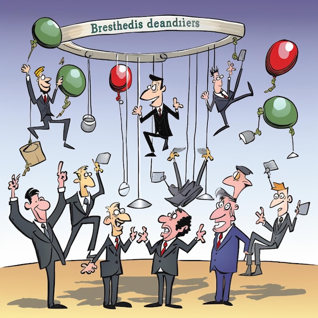 Cartoon of a group of people with strings that say breathes degeneration degeneration.