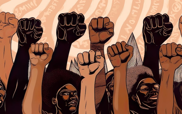 A cartoon of a group of people with their fists raised in the air.