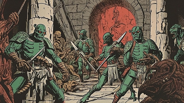 A cartoon of a group of people with weapons in front of a red door.