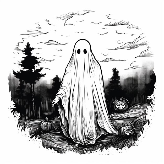 Photo cartoon halloween ghost drawing with a pumpkin smile