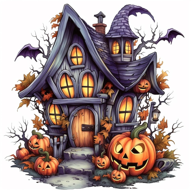 мультфильмный дом на Хэллоуин с тыквой и летучими мышами перед ним генеративный ай