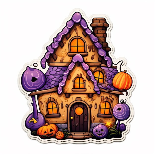 cartoon halloween huis met pompoenen en vleermuizen generatieve ai