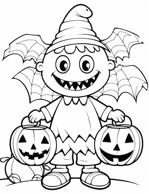 Foto un ragazzo di zucca di halloween a cartoni animati con una zucca e un pipistrello generativo ai