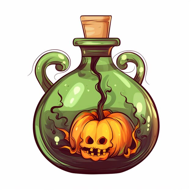 cartoon halloween pumpkin in a glass bottle with spooky leaves generative ai