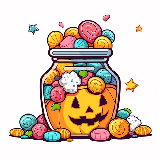 A cartoon halloween pumpkin jar filled with candy and candies generative ai