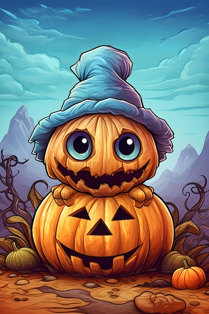 A cartoon halloween pumpkin with a blue hat on top of it.