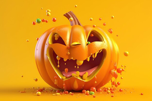 Cartoon halloween pumpkin with candies on orange background
