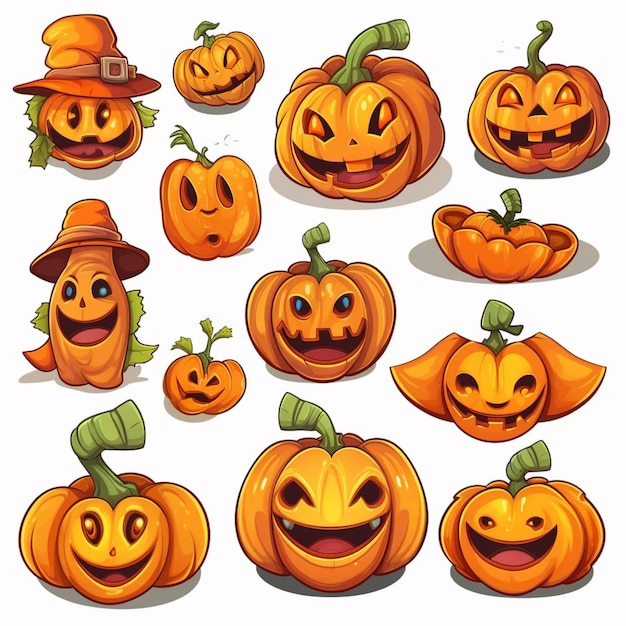 cartoon halloween pumpkins with different expressions and faces generative ai