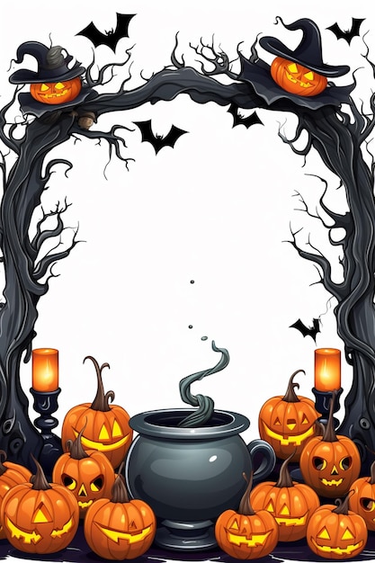 a cartoon halloween scene with a caulder and pumpkins generative ai