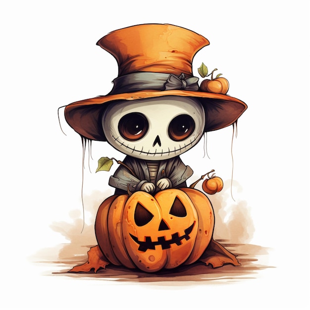 Cartoon halloween skeleton in a witch hat sitting on a pumpkin generative ai