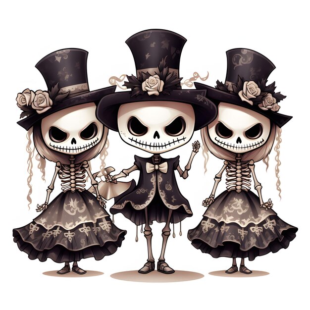 Photo cartoon halloween three skeletons dancing ai generated
