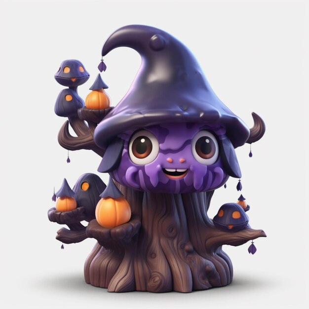 Cartoon halloween tree with pumpkins and a witch hat generative ai