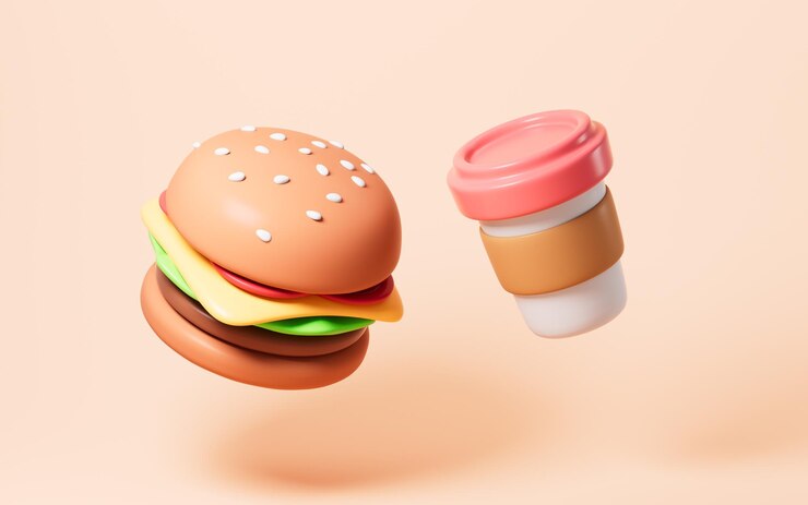 Photo cartoon hamburger pizza coffee and so on takeout and fast food 3d rendering 3d illustration