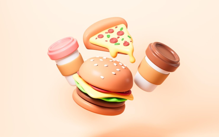 Photo cartoon hamburger pizza coffee and so on takeout and fast food 3d rendering 3d illustration