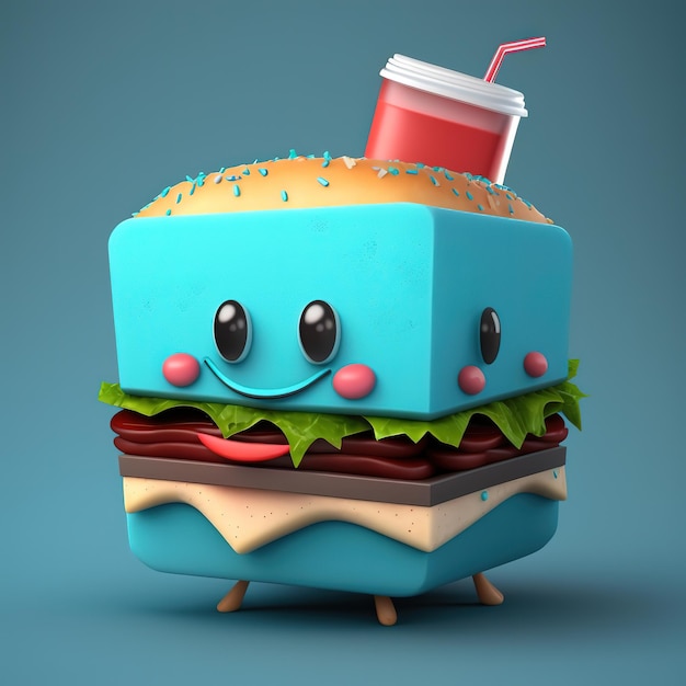 A cartoon hamburger with a cup of drink on top of it.