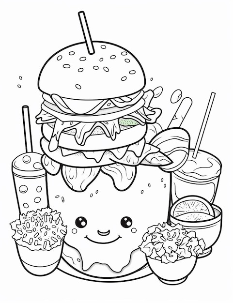 A cartoon hamburger with a face and a drink and a bowl of fries generative ai