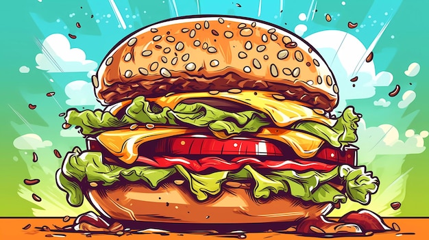 A cartoon hamburger with lettuce and tomato on it.