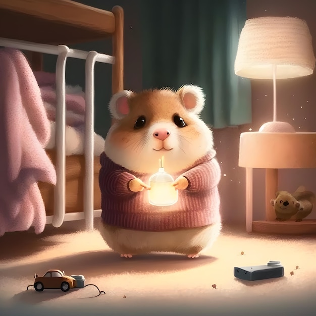 Cartoon hamster schattig knuffelig speels nieuwsgierig bruin en wit met een roze trui