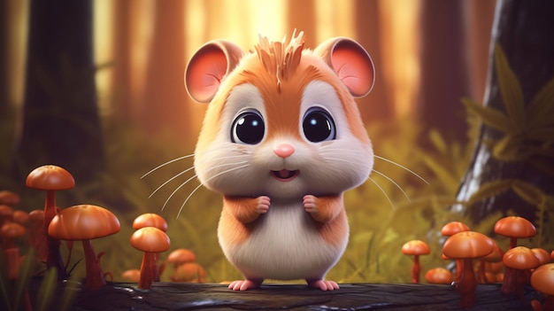 A cartoon hamster with big eyes is on a log.