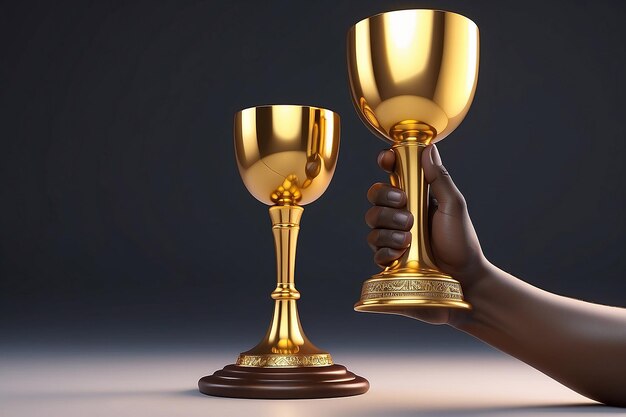 Cartoon hand african holding golden goblet the concept of victories and achievements 3d rendering