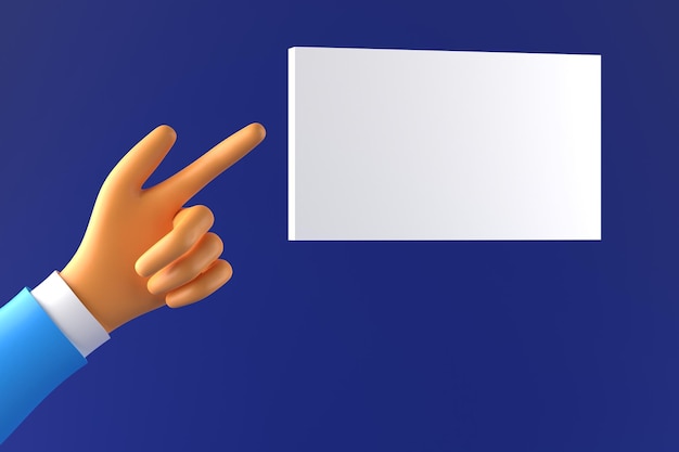 Cartoon hand of a businessman pointing at a blank white card on a blue background Place for text 3d render
